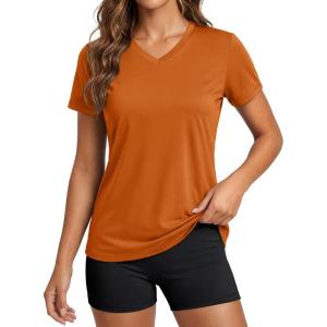 image:imageMAGCOMSEN Womens Workout Tops Short Sleeve UPF 50 Athletic Shirts Quick Dry VNeck TShirt Moisture Wicking Gym TeeDark Orange