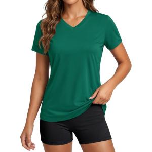 image:imageMAGCOMSEN Womens Workout Tops Short Sleeve UPF 50 Athletic Shirts Quick Dry VNeck TShirt Moisture Wicking Gym TeeJade Green