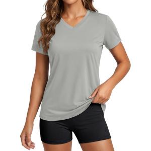 image:imageMAGCOMSEN Womens Workout Tops Short Sleeve UPF 50 Athletic Shirts Quick Dry VNeck TShirt Moisture Wicking Gym TeeLight Grey