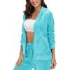 image:imageMAGCOMSEN Womens Velour Hooded Jacket Long Sleeve Full Zip Outerwear Soft Warm Velvet Jacket with Side PocketsWater Blue