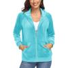 image:imageMAGCOMSEN Womens Velour Hooded Jacket Long Sleeve Full Zip Outerwear Soft Warm Velvet Jacket with Side PocketsWater Blue