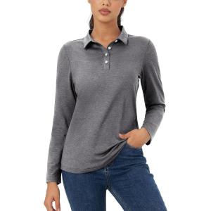 image:imageMAGCOMSEN Long Sleeve Shirts for Women Polo Quick Dry Sports Tennis Golf Shirts Collared Tops Moisture Wicking Grey XL
