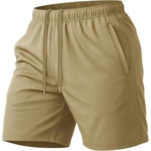 image:imageMAGCOMSEN Mens 7 Athletic Running Shorts Quick Dry Lightweight Mesh Basketball Workout Shorts with Zipper PocketsKhaki