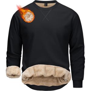 image:imageMAGCOMSEN Mens Crewneck Sweatshirt Sherpa Lined Casual Fleece Pullover Thermal Winter Warm Heavyweight Cotton SweatShirtsBlack