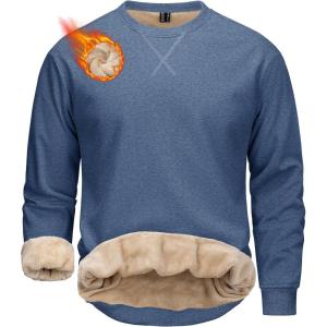 image:imageMAGCOMSEN Mens Crewneck Sweatshirt Sherpa Lined Casual Fleece Pullover Thermal Winter Warm Heavyweight Cotton SweatShirtsGrayblue