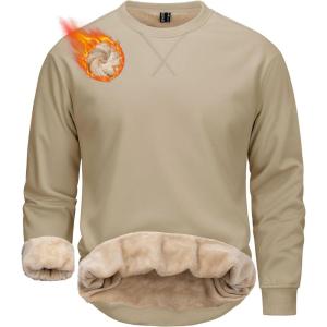 image:imageMAGCOMSEN Mens Crewneck Sweatshirt Sherpa Lined Casual Fleece Pullover Thermal Winter Warm Heavyweight Cotton SweatShirtsKhaki