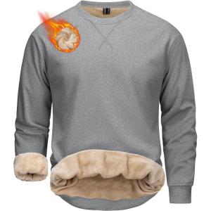 image:imageMAGCOMSEN Mens Crewneck Sweatshirt Sherpa Lined Casual Fleece Pullover Thermal Winter Warm Heavyweight Cotton SweatShirtsLightgray