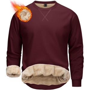 image:imageMAGCOMSEN Mens Crewneck Sweatshirt Sherpa Lined Casual Fleece Pullover Thermal Winter Warm Heavyweight Cotton SweatShirtsWinered