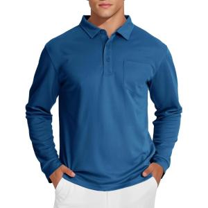 image:imageMAGCOMSEN Mens Polo Shirts with Pocket Long Sleeve Golf Quick Dry Shirts Performance Athletic Work Casual Collared ShirtBlue Green