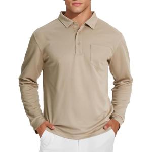 image:imageMAGCOMSEN Mens Polo Shirts with Pocket Long Sleeve Golf Quick Dry Shirts Performance Athletic Work Casual Collared ShirtKhaki