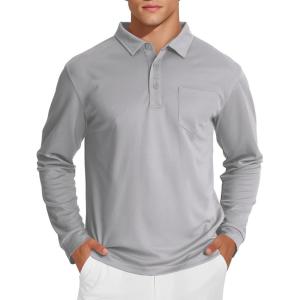 image:imageMAGCOMSEN Mens Polo Shirts with Pocket Long Sleeve Golf Quick Dry Shirts Performance Athletic Work Casual Collared ShirtLight Grey