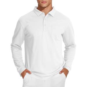 image:imageMAGCOMSEN Mens Polo Shirts with Pocket Long Sleeve Golf Quick Dry Shirts Performance Athletic Work Casual Collared ShirtWhite