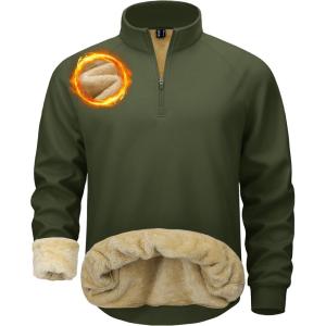 image:imageMAGCOMSEN Mens Quarter Zip Pullover Heavyweight Sherpa Lined Sweatshirt Warm Fleece 14 Pullover Winter Golf CasualArmy Green