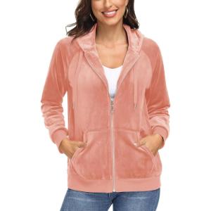 image:imageMAGCOMSEN Womens Velour Hooded Jacket Long Sleeve Full Zip Outerwear Soft Warm Velvet Jacket with Side PocketsApricot