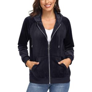 image:imageMAGCOMSEN Womens Velour Hooded Jacket Long Sleeve Full Zip Outerwear Soft Warm Velvet Jacket with Side PocketsBlack