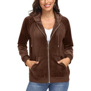 image:imageMAGCOMSEN Womens Velour Hooded Jacket Long Sleeve Full Zip Outerwear Soft Warm Velvet Jacket with Side PocketsCoffee