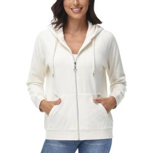 image:imageMAGCOMSEN Womens Velour Hooded Jacket Long Sleeve Full Zip Outerwear Soft Warm Velvet Jacket with Side PocketsCream
