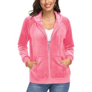 image:imageMAGCOMSEN Womens Velour Hooded Jacket Long Sleeve Full Zip Outerwear Soft Warm Velvet Jacket with Side PocketsFluorescent Pink