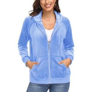 image:imageMAGCOMSEN Womens Velour Hooded Jacket Long Sleeve Full Zip Outerwear Soft Warm Velvet Jacket with Side PocketsLight Blue