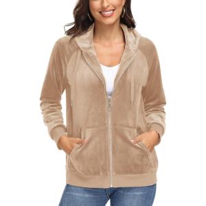 image:imageMAGCOMSEN Womens Velour Hooded Jacket Long Sleeve Full Zip Outerwear Soft Warm Velvet Jacket with Side PocketsLight Brown