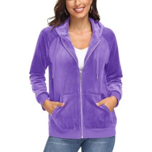 image:imageMAGCOMSEN Womens Velour Hooded Jacket Long Sleeve Full Zip Outerwear Soft Warm Velvet Jacket with Side PocketsLight Purple