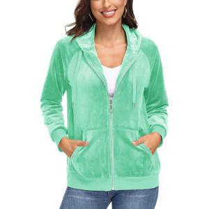 image:imageMAGCOMSEN Womens Velour Hooded Jacket Long Sleeve Full Zip Outerwear Soft Warm Velvet Jacket with Side PocketsMint Green