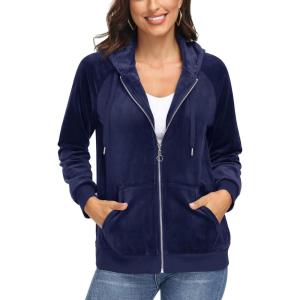 image:imageMAGCOMSEN Womens Velour Hooded Jacket Long Sleeve Full Zip Outerwear Soft Warm Velvet Jacket with Side PocketsNavy