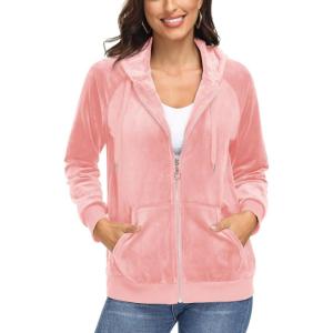 image:imageMAGCOMSEN Womens Velour Hooded Jacket Long Sleeve Full Zip Outerwear Soft Warm Velvet Jacket with Side PocketsPink