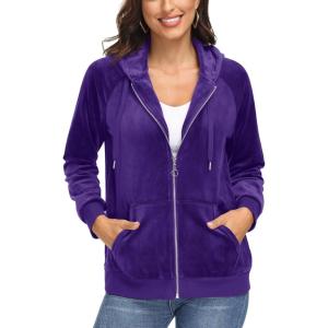 image:imageMAGCOMSEN Womens Velour Hooded Jacket Long Sleeve Full Zip Outerwear Soft Warm Velvet Jacket with Side PocketsPurple