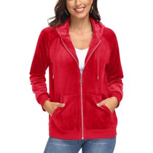 image:imageMAGCOMSEN Womens Velour Hooded Jacket Long Sleeve Full Zip Outerwear Soft Warm Velvet Jacket with Side PocketsRed