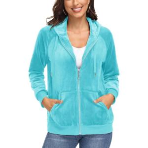 image:imageMAGCOMSEN Womens Velour Hooded Jacket Long Sleeve Full Zip Outerwear Soft Warm Velvet Jacket with Side PocketsWater Blue