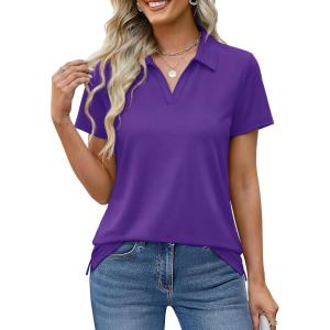 image:imageMAGCOMSEN Womens Polo Shirts Cotton Short Sleeve VNeck Collared Tops Golf Shirt Work Casual Summer TeeApurple