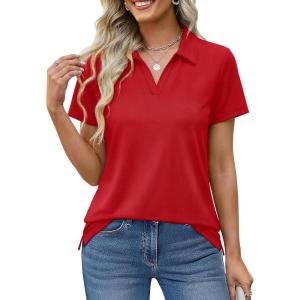 image:imageMAGCOMSEN Womens Polo Shirts Cotton Short Sleeve VNeck Collared Tops Golf Shirt Work Casual Summer TeeAtomato Red