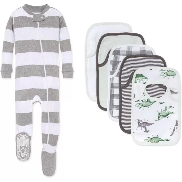 Burt's Bees Baby baby-girls Zip-up Footed Sleeper Pj &amp; Set of Bibs Gift Bundle, 100% Organic Cotton