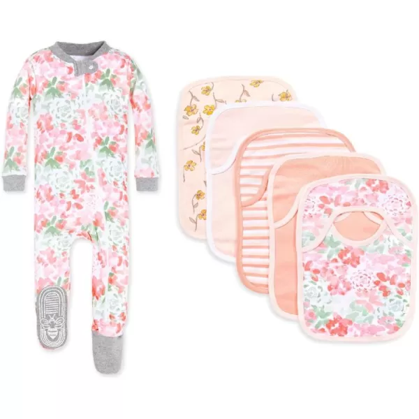 Burt's Bees Baby baby-girls Zip-up Footed Sleeper Pj &amp; Set of Bibs Gift Bundle, 100% Organic Cotton