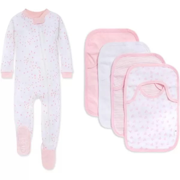 Burt's Bees Baby baby-girls Zip-up Footed Sleeper Pj &amp; Set of Bibs Gift Bundle, 100% Organic Cotton