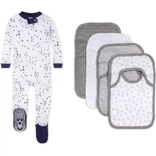 Burt's Bees Baby baby-girls Zip-up Footed Sleeper Pj &amp; Set of Bibs Gift Bundle, 100% Organic Cotton