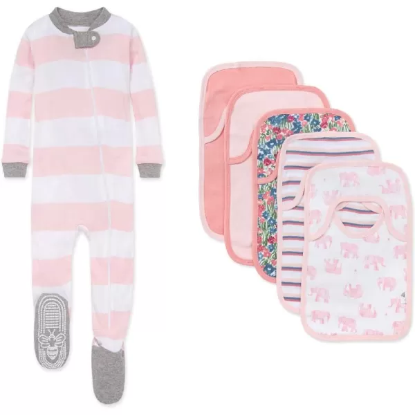 Burt's Bees Baby baby-girls Zip-up Footed Sleeper Pj &amp; Set of Bibs Gift Bundle, 100% Organic Cotton