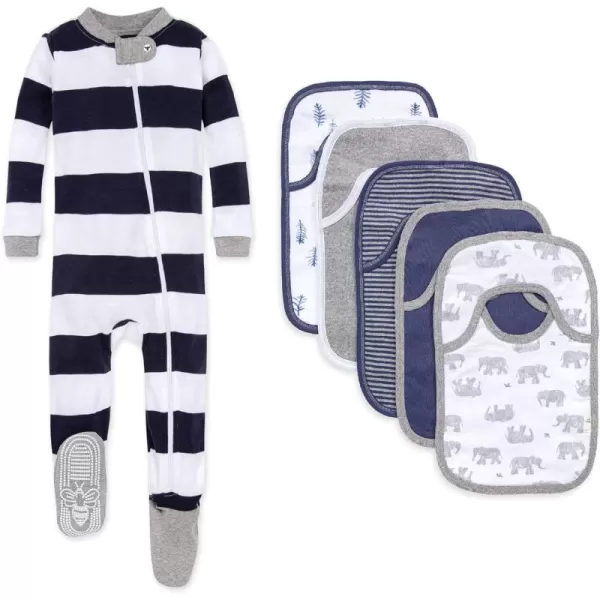 Burt's Bees Baby baby-girls Zip-up Footed Sleeper Pj &amp; Set of Bibs Gift Bundle, 100% Organic Cotton