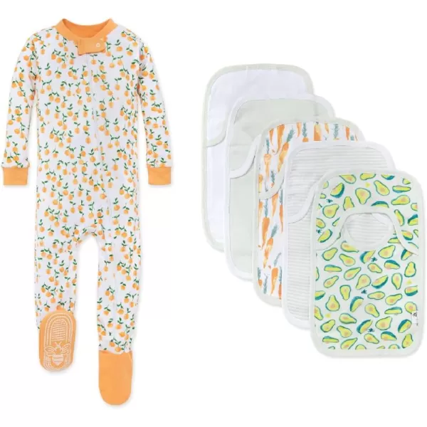 Burt's Bees Baby baby-girls Zip-up Footed Sleeper Pj &amp; Set of Bibs Gift Bundle, 100% Organic Cotton