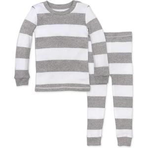 imageBurts Bees Baby Boys 2Piece Long Sleeve Tee and Pants Organic Cotton Pajama SetHeather Grey Rugby Stripe