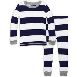 imageBurts Bees Baby Girls Pajamas 2Piece Long Sleeve Tee and Pants Organic Cotton PJ SetMidnight Rugby Stripe