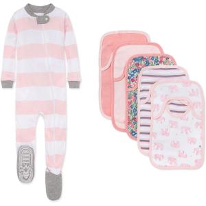 imageBurts Bees Baby babygirls Zipup Footed Sleeper Pj ampamp Set of Bibs Gift Bundle 100 Organic CottonPink Elephants