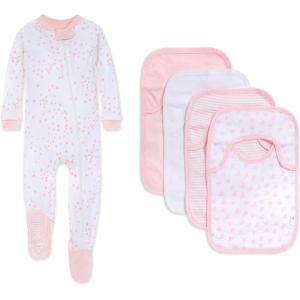 imageBurts Bees Baby babygirls Zipup Footed Sleeper Pj ampamp Set of Bibs Gift Bundle 100 Organic CottonPink Twinkle Bee