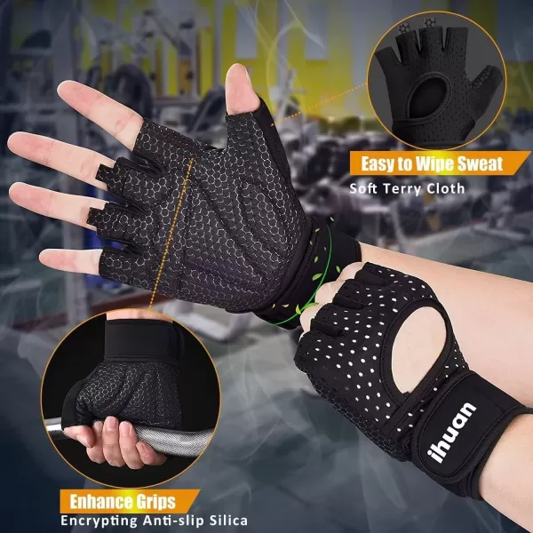 ihuan Breathable Weight Lifting Gloves: Fingerless Workout Gym Gloves with Wrist Support | Enhance Palm Protection | Extra Grip for Fitness | Lifting | Training | Rowing | Pull-ups