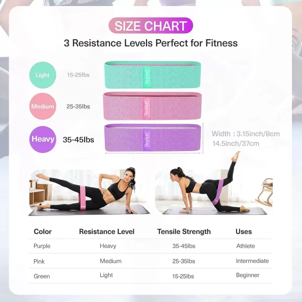 ihuan Resistance Bands for Legs and Butt, 3 Levels Exercise Band, Anti-Slip &amp; Roll Elastic Workout Booty Bands for Women Squat Glute Hip Training