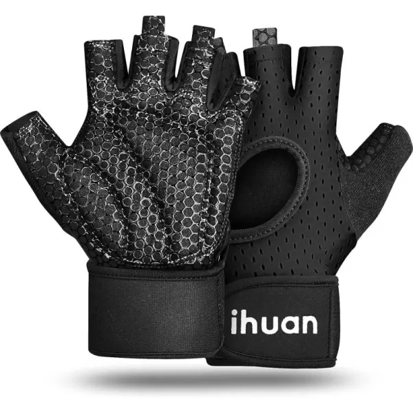 ihuan Breathable Weight Lifting Gloves: Fingerless Workout Gym Gloves with Wrist Support | Enhance Palm Protection | Extra Grip for Fitness | Lifting | Training | Rowing | Pull-ups