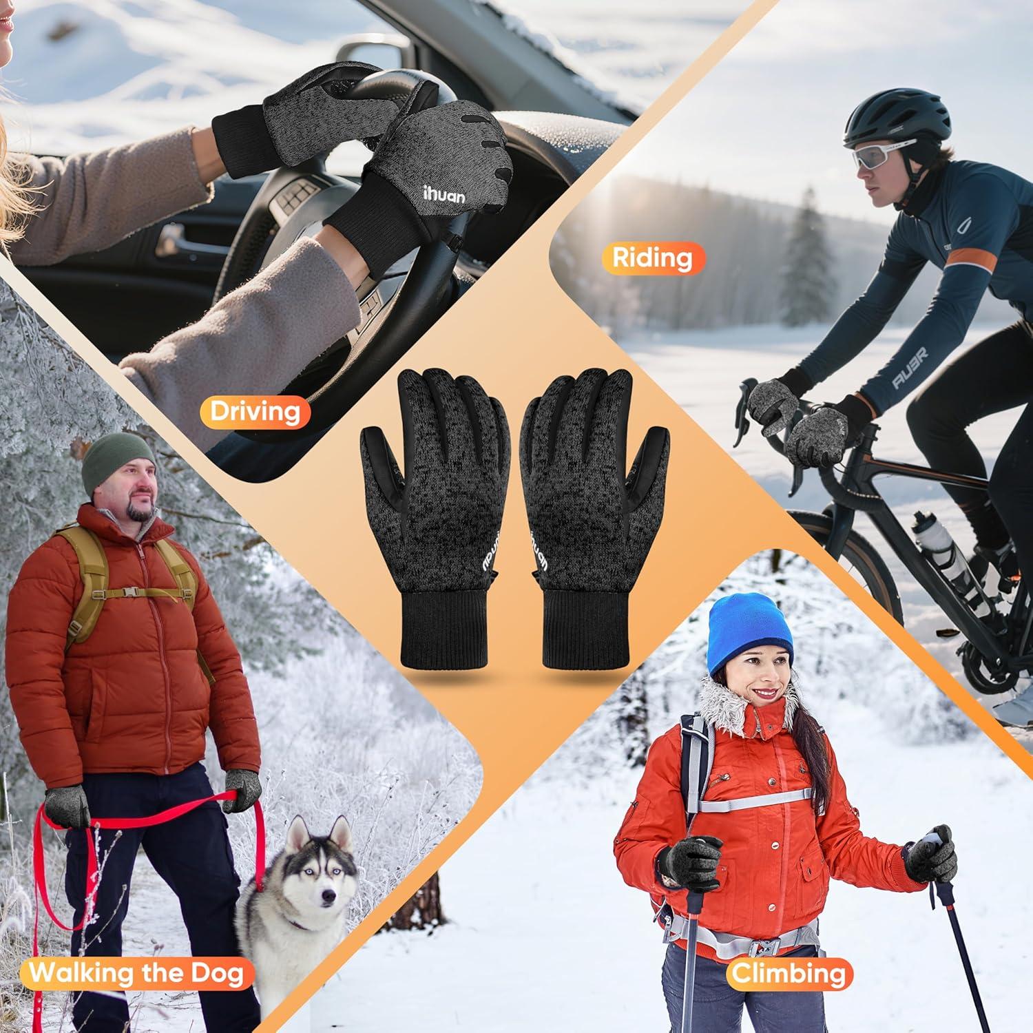 imageihuan Winter Hiking Gloves Women Men Cold Weather Thermal Warm Touch Screen Suit for Running Cycling DrivingDark Black