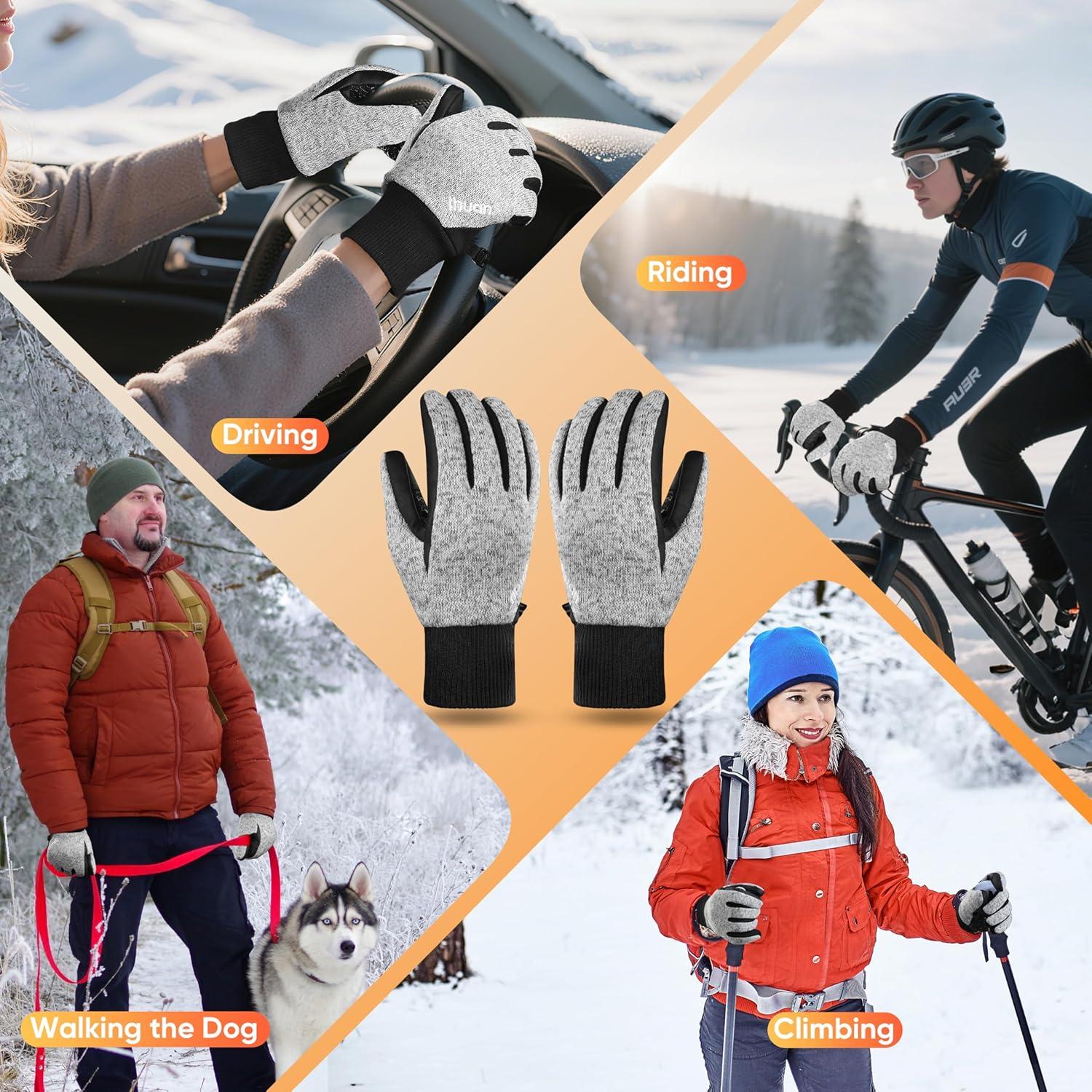 imageihuan Winter Hiking Gloves Women Men Cold Weather Thermal Warm Touch Screen Suit for Running Cycling DrivingGray