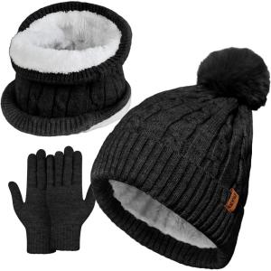 imageihuan Winter Hat Scarf Gloves Warmer Warm Knit Beanie Hat Touch Screen Gloves Set Neck Scarves for WomenBlack